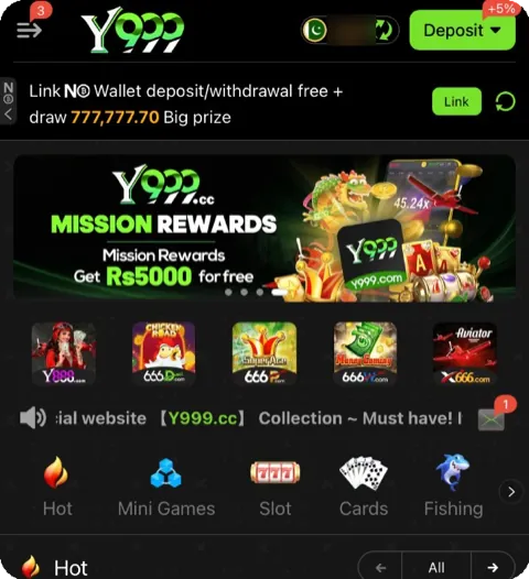 Y999 home screen showing the Hot, Mini Games, Slot, Cards and Fishing tabs
