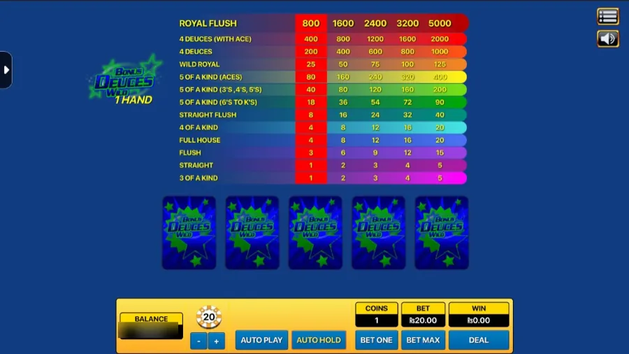 Bonus Deuces Wild video poker in the Y999 app with its pay table