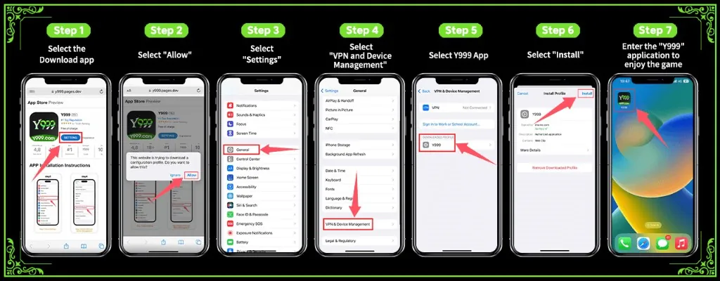Seven-step guide to install the Y999 app on iPhone through Settings, VPN and Device Management
