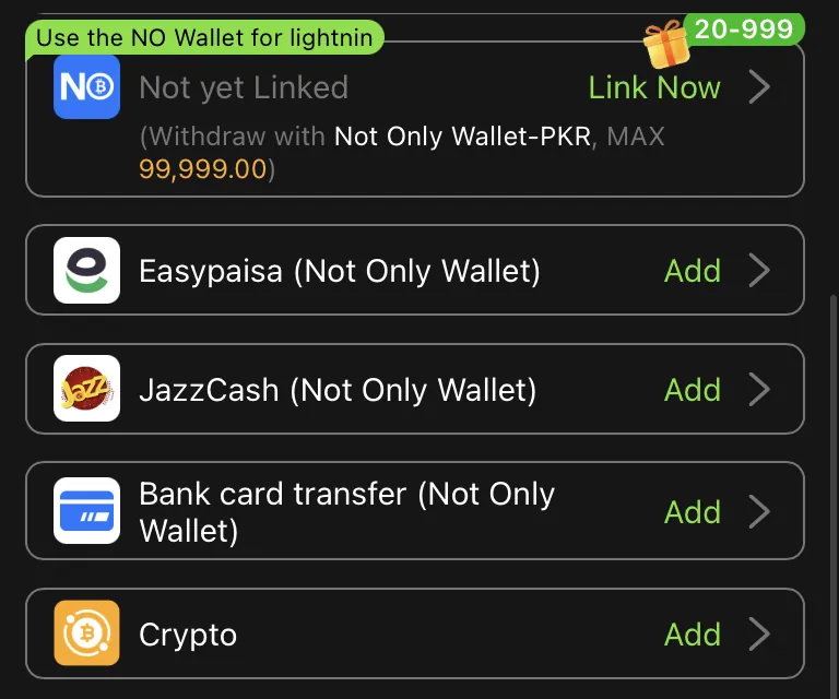 Y999 receiving account options including Easypaisa and JazzCash through NO Wallet