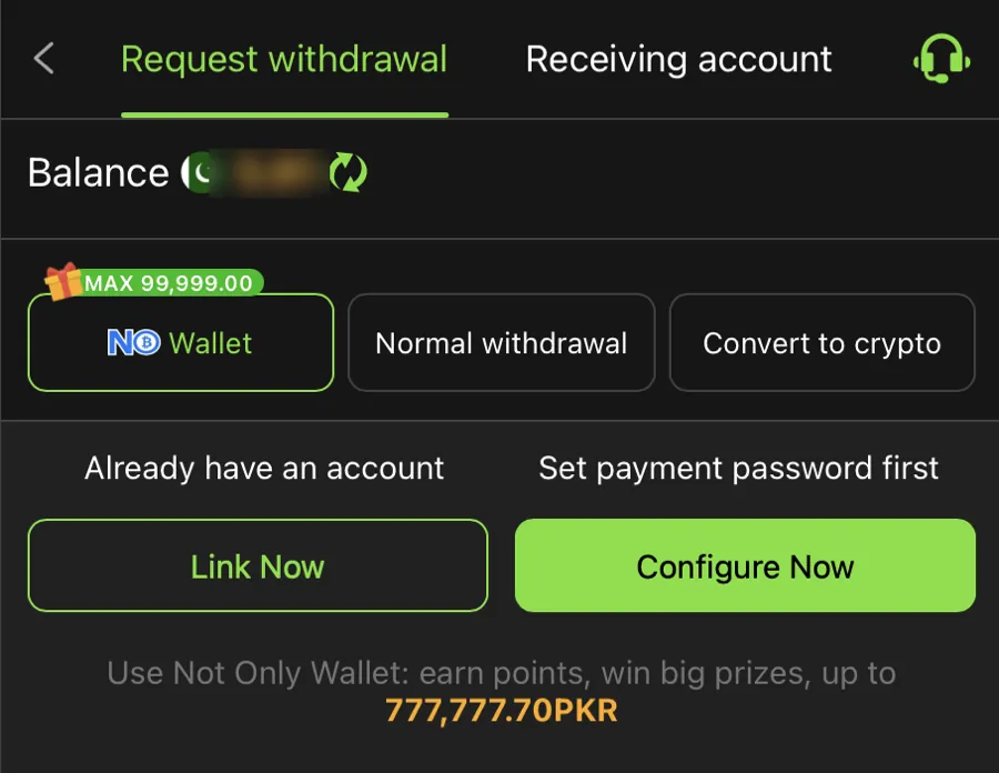 Y999 Request withdrawal screen with NO Wallet, normal withdrawal and convert to crypto options